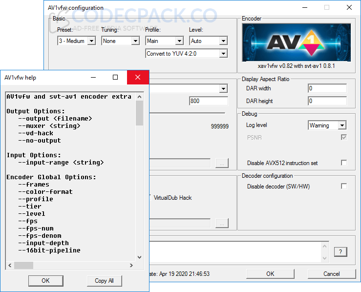 AV1vfw - AV1/AOM codec Screenshot