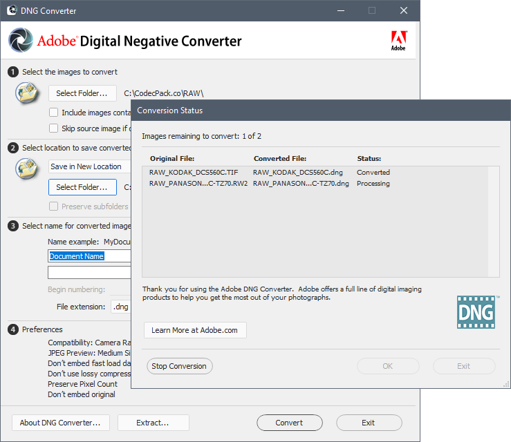 Adobe DNG Converter Screenshot