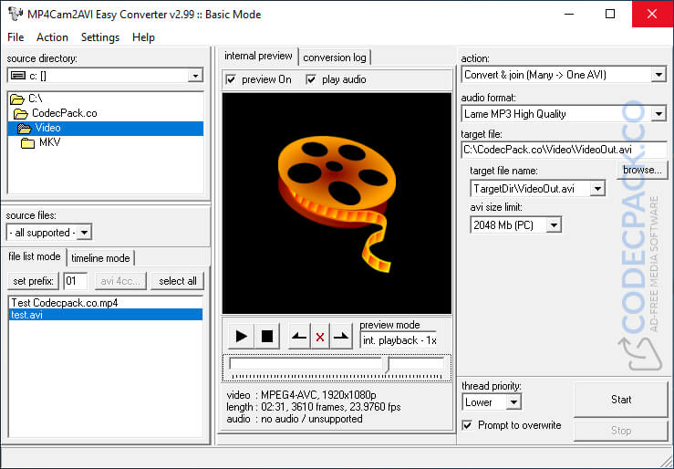 MP4Cam2AVI Easy Converter Screenshot